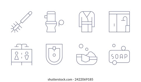 Bathroom icons. Editable stroke. Containing toiletbrush, shower, toilet, bidet, bathrobe, bath, bathroom, soap.