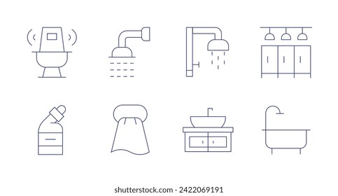 Bathroom icons. Editable stroke. Containing toilet, wc, showerhead, towel, shower, sink, showers, bathtub.