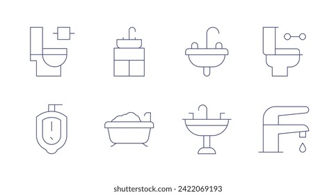 Iconos del baño. Trazo editable. Cuentan con inodoro, orina, lavabo, bañera y agua salada.