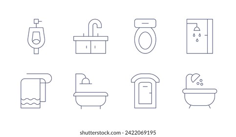 Bathroom icons. Editable stroke. Containing toilet, towel, sink, shower, portabletoilet, bathtub.