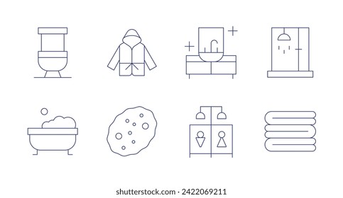 Bathroom icons. Editable stroke. Containing toilet, bubbles, bathrobe, sponge, sink, showers, bathroom, towel.