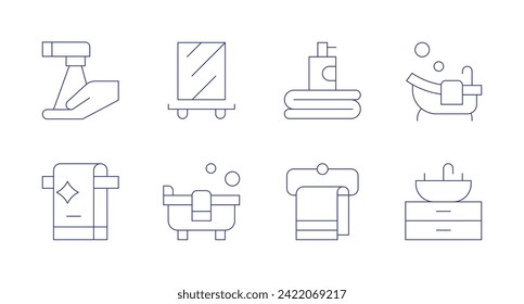 Bathroom icons. Editable stroke. Containing tap, towel, bath, bathtub, hygiene, sink.