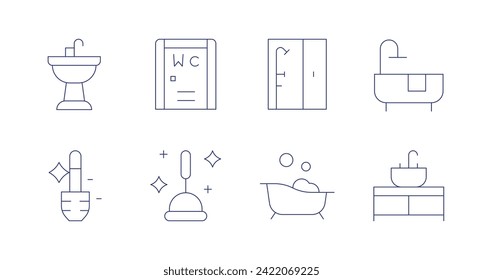 Iconos del baño. Trazo editable. Cubierta con lavabo, cepillo, inodoro, émbolo, ducha, bañera.