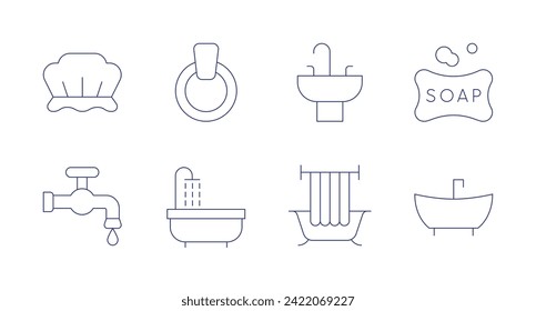 Bathroom icons. Editable stroke. Containing sink, bath, showercap, watertap, soap, bathtub, towelrack.