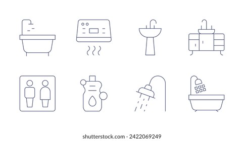 Bathroom icons. Editable stroke. Containing bathtub, toilets, handdryer, bottle, sink, shower, bathroom.