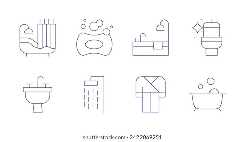 Bathroom icons. Editable stroke. Containing bathtub, sink, bathing, shower, wc, bathrobe.