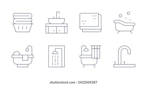 Bathroom icons. Editable stroke. Containing bathing, bath, sink, shower, towel, bathtub, tap.
