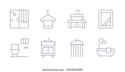 Bathroom icons. Editable stroke. Containing bath, toilet, hanger, sink, shower, mirror, bathtub.