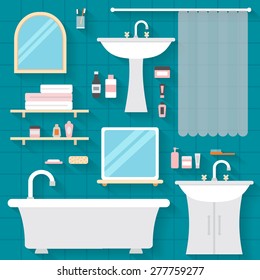 Bathroom icons with furniture and long shadows. Flat style vector illustration.