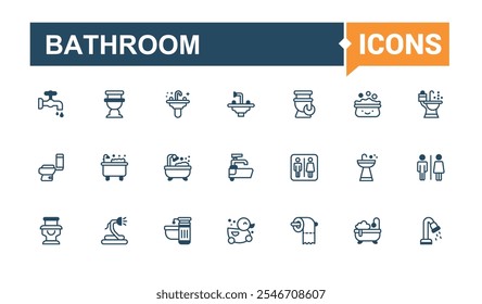 Ícones do banheiro em estilo linear. Apresentando sabão, sanitário, cabine, pia, torneira, torneira, banheira, equipamento. Perfeito para logotipos e infográficos. Traço editável de linha sólida. Linha de vetor e ícones sólidos.