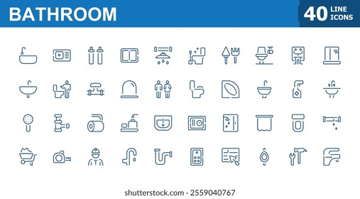 Bathroom icons in minimalist linear style. Contains related to bath, household, plumbing, sanitary, toilet, washroom and more. Simple icon designs. Editable vector stroke.