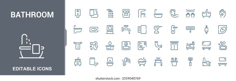 Bathroom icons in minimalist linear style. Contains related to bath, household, plumbing, sanitary, toilet, washroom and more. Simple icon designs. Editable vector stroke.