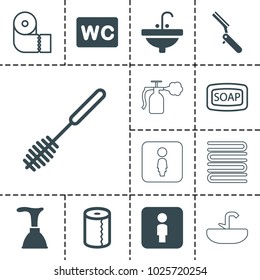 Bathroom icons. set of 13 editable filled and outline bathroom icons such as plunger, paper towel, wc, sink, soap, toilet brush, bllade razor, male wc, towels, female wc
