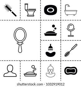 Bathroom icons. set of 13 editable filled and outline bathroom icons such as soap, shower, man, mirror, toilet