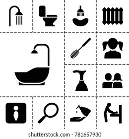 Bathroom icons. set of 13 editable filled bathroom icons such as baby changing room, girl, mirror, shower, plunger, toilet brush, radiator, man and woman, toilet, liquid soap