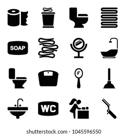 Bathroom icons. set of 16 editable filled bathroom icons such as mirror, soap, towels, toilet, sink, baby changing room, bllade razor, plunger, paper towel, wc, shower