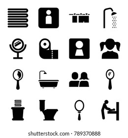 Bathroom icons. set of 16 editable filled bathroom icons such as woman wc, baby changing room, towels, girl, mirror, toilet, paper towel, shower, man and woman