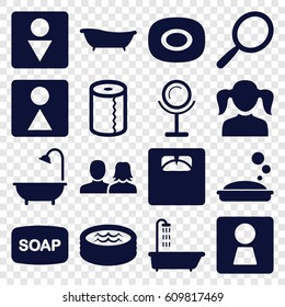 Bathroom icons set. set of 16 bathroom filled icons such as woman WC, shower, soap, man and woman, girl, mirror, Soap, paper towel, Male WC, female WC, floor scales, jacuzzi
