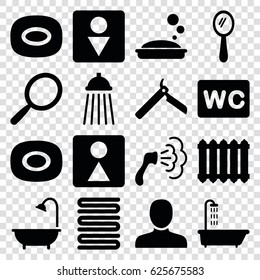 Bathroom icons set. set of 16 bathroom filled icons such as shower, soap, man, bllade razor, mirror, towels, WC, Male WC, female WC