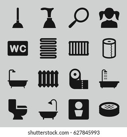 Bathroom icons set. set of 16 bathroom filled icons such as WC man, shower, girl, mirror, plunger, towels, paper towel, WC, toilet, jacuzzi