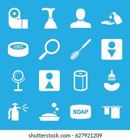 Bathroom icons set. set of 16 bathroom filled icons such as man, mirror, shower, Soap, soap, plunger, cloth hanging, toilet brush, paper towel, liquid soap, Male WC, female WC