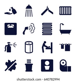 Bathroom icons set. set of 16 bathroom filled icons such as man wc, baby changing room, bllade razor, towels, no wash, shower, cloth hanging, paper towel, liquid soap