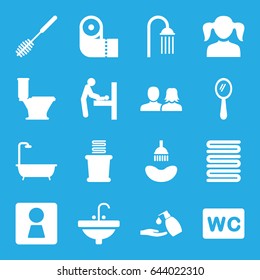 Bathroom icons set. set of 16 bathroom filled icons such as woman wc, baby changing room, man and woman, girl, shower, mirror, towels, toilet, toilet brush, paper towel