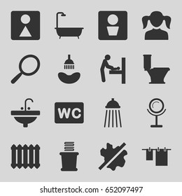 Bathroom Icons Set. Set Of 16 Bathroom Filled Icons Such As Man Wc, Baby Changing Room, Girl, Mirror, Shower, No Wash, Toilet, Cloth Hanging, Wc, Female Wc, Towels, Sink