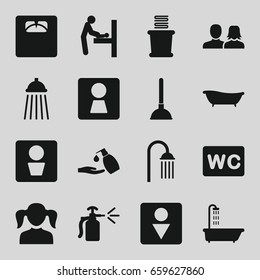 Bathroom icons set. set of 16 bathroom filled icons such as man wc, woman wc, baby changing room, shower, man and woman, girl, plunger, liquid soap, towels, spray bottle