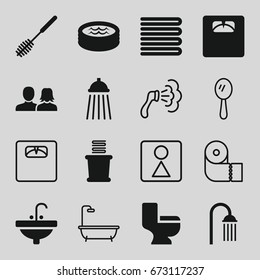 Bathroom icons set. set of 16 bathroom filled and outline icons such as towels, man and woman, toilet brush, shower, toilet, sink, floor scales, jacuzzi, mirror, paper towel