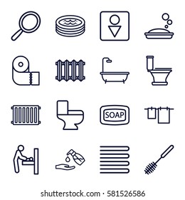bathroom icons set. Set of 16 bathroom outline icons such as baby changing room, towels, mirror, Soap, soap, shower, toilet, cloth hanging, toilet brush, paper towel