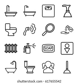 Bathroom icons set. set of 16 bathroom outline icons such as shower, girl, mirror, Soap, plunger, toilet, liquid soap, Male WC, spray bottle, floor scales