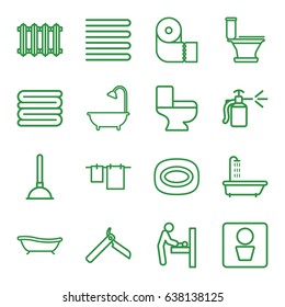 Bathroom icons set. set of 16 bathroom outline icons such as man wc, baby changing room, shower, towels, bllade razor, soap, plunger, toilet, cloth hanging, paper towel