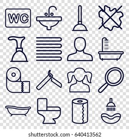 Bathroom icons set. set of 16 bathroom outline icons such as shower, towels, man, girl, bllade razor, mirror, plunger, no wash, paper towel, wc, toilet, sink