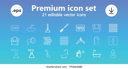 Bathroom icons. set of 21 editable outline bathroom icons includes towels, girl, bllade razor, plunger, shower, toilet brush, wc, spray bottle, soap, female wc