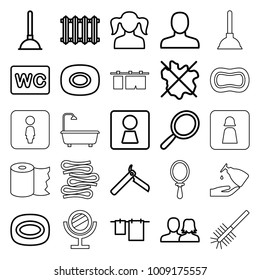 Bathroom icons. set of 25 editable outline bathroom icons such as woman wc, soap, man, man and woman, girl, bllade razor, mirror, plunger, no wash, cloth hanging, wc, radiator