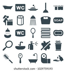 Bathroom icons. set of 25 editable filled bathroom icons such as mirror, plunger, no wash, paper towel, liquid soap, wc, shower, spray bottle, bath, baby changing room, towels