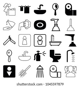 Bathroom icons. set of 25 editable filled and outline bathroom icons such as soap, cloth hanging, paper towel, male wc, toilet, spray bottle, man wc, shower, bllade razor