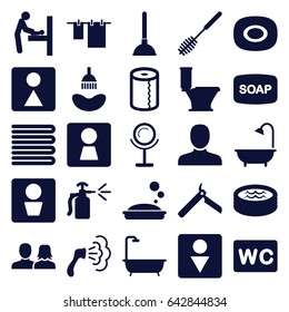 Bathroom icons set. set of 25 bathroom filled icons such as man wc, woman wc, baby changing room, towels, soap, man, man and woman, bllade razor, shower, mirror, soap, plunger