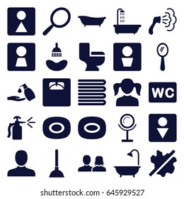 Bathroom icons set. set of 25 bathroom filled icons such as man wc, woman wc, shower, towels, soap, man, man and woman, girl, mirror, plunger, no wash, liquid soap, toilet