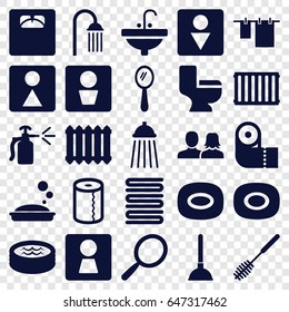 Bathroom icons set. set of 25 bathroom filled icons such as man wc, woman wc, soap, man and woman, mirror, plunger, towels, cloth hanging, toilet brush, paper towel, shower