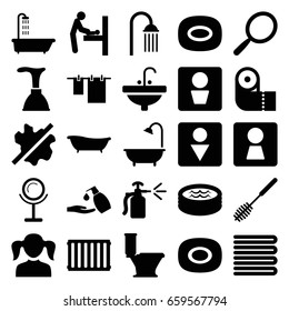 Bathroom icons set. set of 25 bathroom filled icons such as man wc, woman wc, baby changing room, shower, towels, soap, girl, mirror, plunger, no wash, toilet, cloth hanging