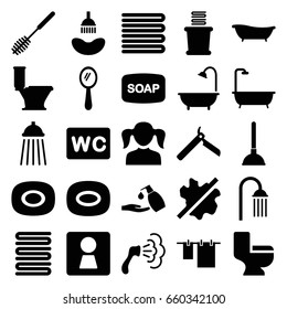 Bathroom icons set. set of 25 bathroom filled icons such as woman wc, towels, soap, girl, bllade razor, shower, mirror, soap, plunger, no wash, toilet, cloth hanging