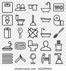 Bathroom icons set. set of 25 bathroom outline icons such as baby changing room, towels, man, man and woman, bllade razor, mirror, soap, soap, plunger, no wash, shower, toilet