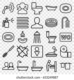 Bathroom icons set. set of 25 bathroom outline icons such as baby changing room, shower, towels, soap, man, man and woman, girl, no wash, toilet, cloth hanging, toilet brush