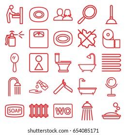 Bathroom icons set. set of 25 bathroom outline icons such as baby changing room, towels, soap, man and woman, bllade razor, mirror, soap, plunger, no wash, shower, toilet