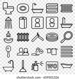 Bathroom icons set. set of 25 bathroom outline icons such as man wc, woman wc, shower, towels, soap, man and woman, bllade razor, mirror, plunger, cloth hanging, paper towel