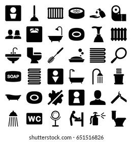 Bathroom Icons Set. Set Of 36 Bathroom Filled Icons Such As Man Wc, Woman Wc, Baby Changing Room, Towels, Soap, Man, Man And Woman, Bllade Razor, Mirror, Soap, Plunger