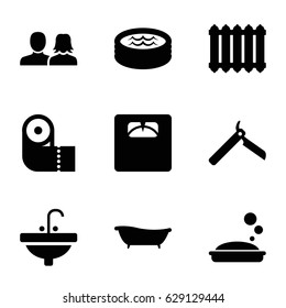 Bathroom icons set. set of 9 bathroom filled icons such as man and woman, bllade razor, soap, paper towel, sink, floor scales, jacuzzi, bath