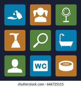 Bathroom icons set. set of 9 bathroom filled icons such as man, girl, mirror, plunger, shower, liquid soap, wc